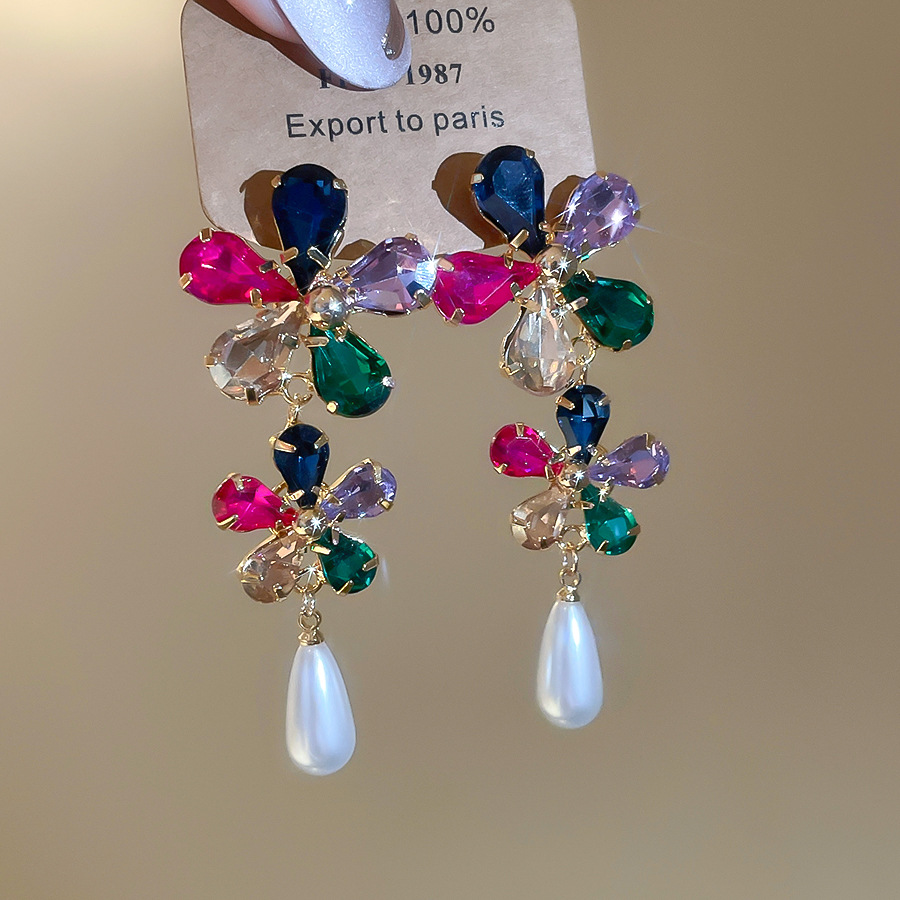 Real Gold Plated Diamond-Studded Flower Pearl Stud Dopamine Light Luxury High-End Earrings European and American Cross-Border Exaggerated Ear Jewelry - view 6