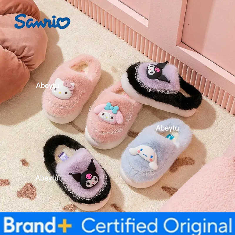 Sanrio Cartoon Female Warm Kuromi Cinnamoroll Women Plush Slippers Anime Hello Kitty Winter Thicken Home Slippers Kids Festival Gift H251230