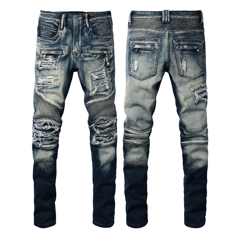 WOZK handmade worn-out motorcycle style distressed slim fit elastic high street trendy cycling motorcycle jeans for men designer