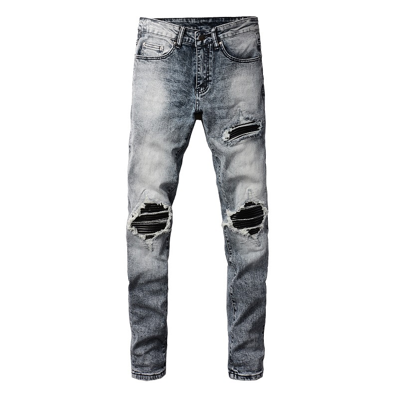 WOZK Retro Jeans Men's Trendy PU Leather Piercing Patch Slimming Men's Pants Fashion Pants