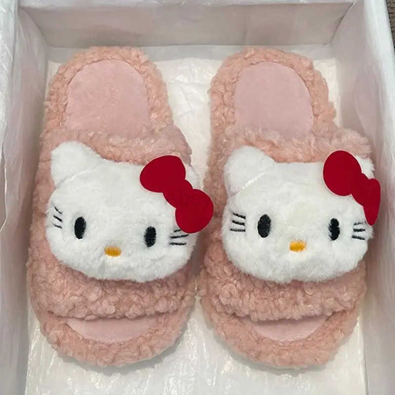 Sanrio New Sweet Hello Kitty Warm Cotton Slippers For Student Dormitory Comfortable One Word Hairy Adult Cotton Slippers H251230