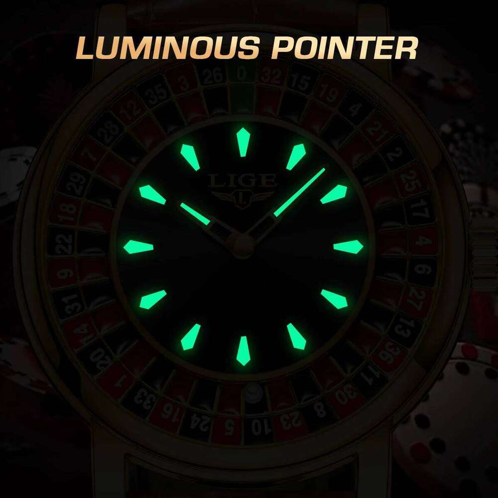 LIGE Fashion Leather Rotating Dial Las Vegas Roulette Desktop Lucky Watch Men Waterproof Luminous Clock Watches 25M1230
