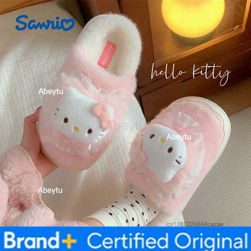 Sanrio Hello Kitty Kuromi Cute Cartoon Cotton Slippers Female Winter Students Warm Home Shoes Korean Version Trend Sweet Plush Slippers H251230