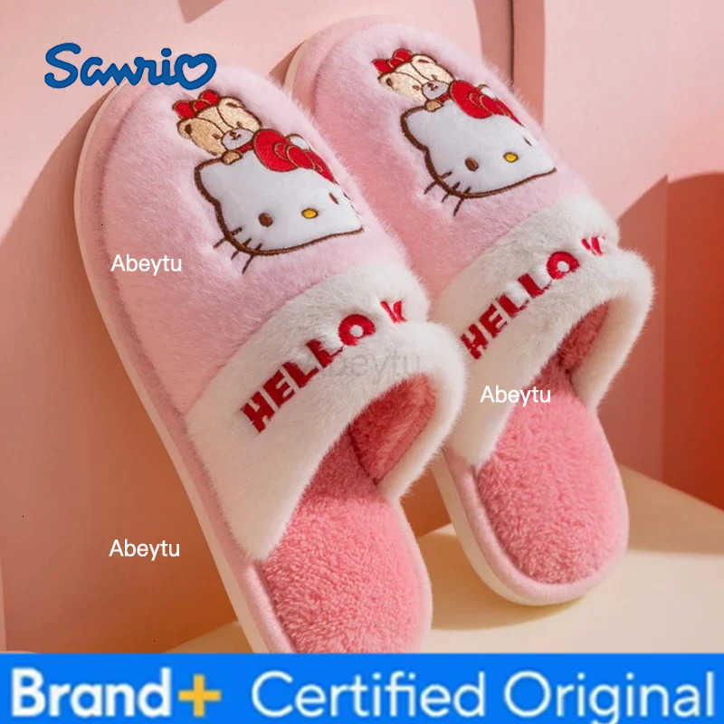 Sanrio Genuine Hello Kitty Plush Slippers Kuromi My Melody Warm Winter Indoor Slippers Flat Casual Non-slip Girl Home Shoes H251230