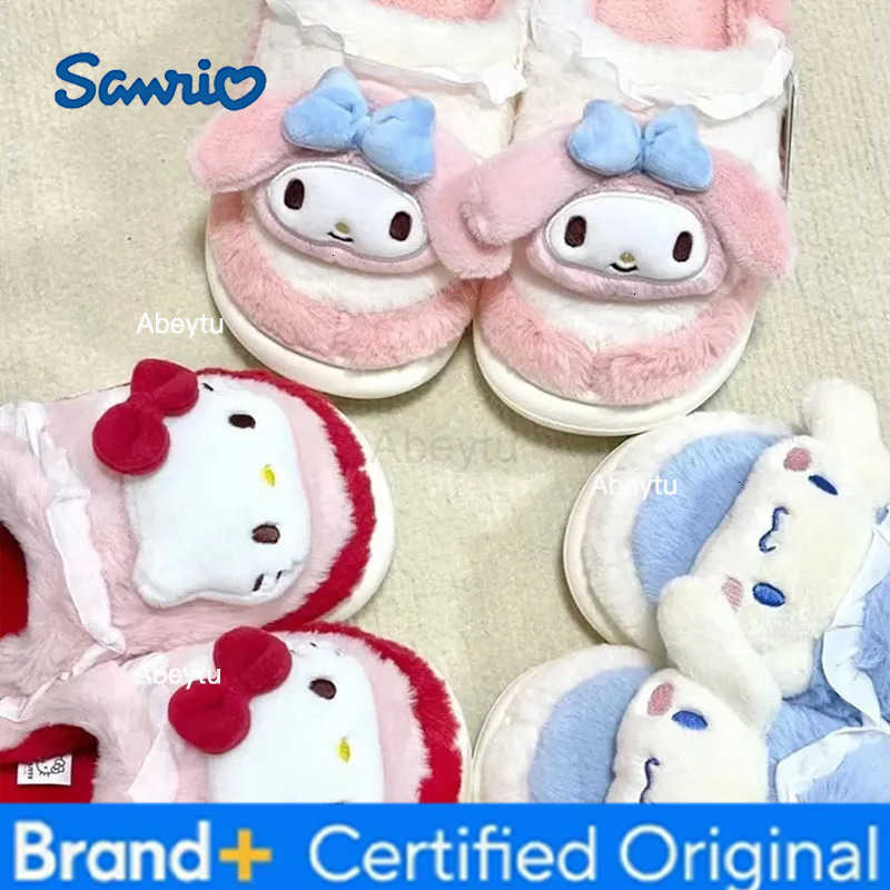 Sanrio Anime Plush Slippers My Melody Kuromi Women Hello Kitty Kawaii Female Cotton Shoes Flat Winter Keep Warm Cute Student Girl Sweet H251230