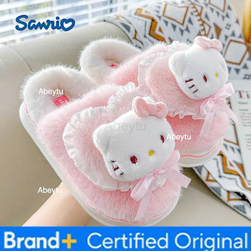 Sanrio Cute Kuromi Cotton Slippers Cartoon Hello Kiity Female Winter Plus Velvet Warm Home Shoes Anti-Slip Comfortable Slippers H251230