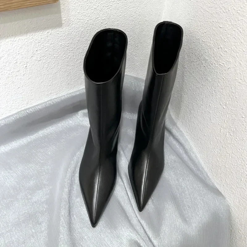 SEXY Black Pointed Toe Cat Heel Mid Women Soft Leather PU Low Heel Wide Mouth French Style Ankle Boots 251226