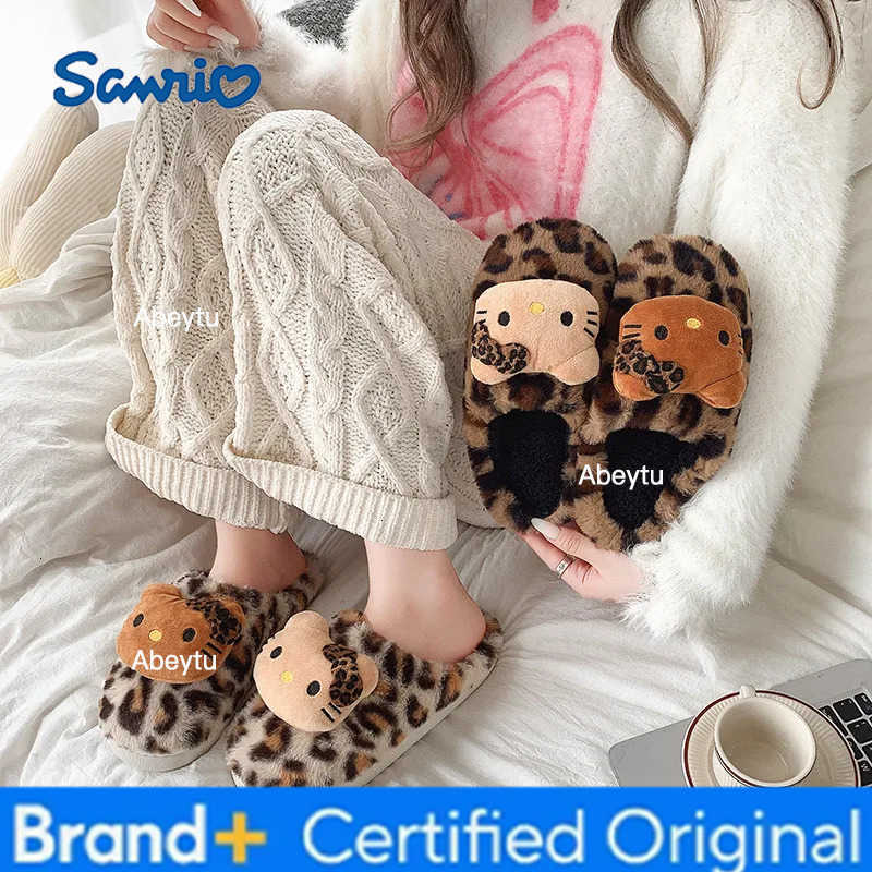 Sanrio Hello Kitty Leopard Print Stuffed Cotton Slippers Y2K Kitty Cat Winter Warmth Cotton Shoes Room Stuffed Home Slippers H251230