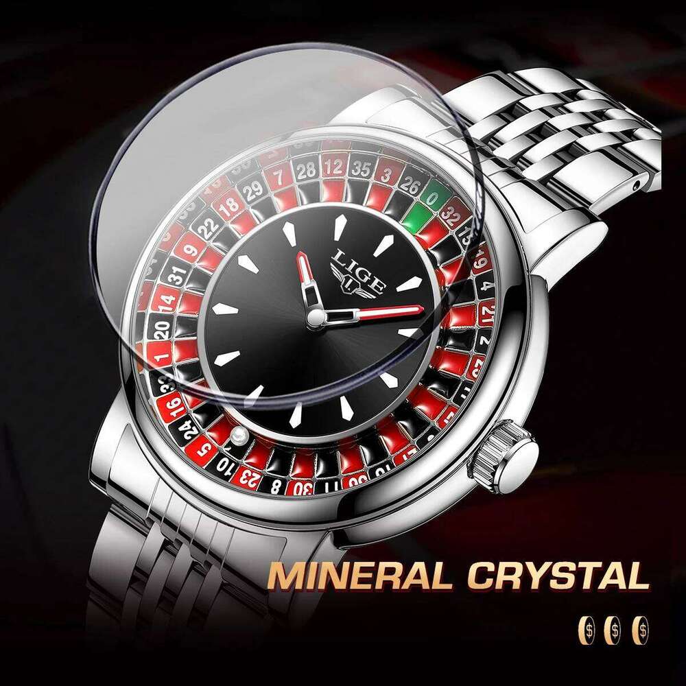 LIGE Fashion Rotating Dial Las Vegas Roulette Desktop Theme Watch Men Waterproof Luminous Watches Creative Clock 25M1230