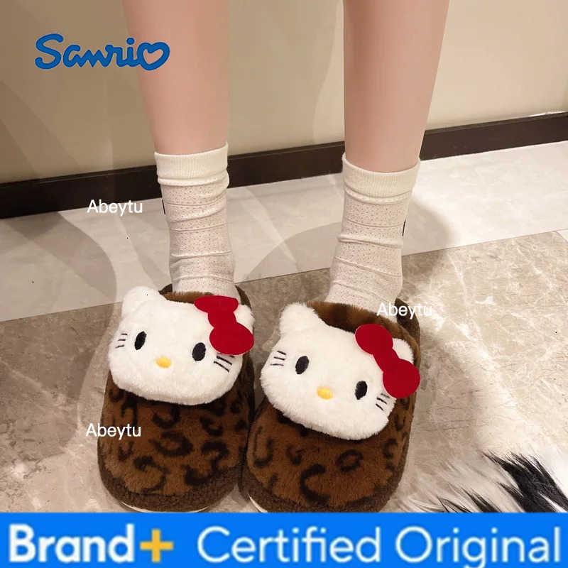 Sanrio Cartoon Hello Kitty Leopard Print Cotton Slippers Soft Comfortable Anime Winter Keep Warm Plush Slippers House Shoes Gift H251230