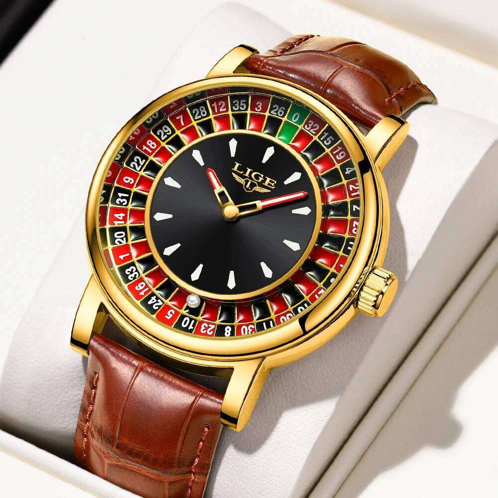 LIGE Fashion Leather Rotating Dial Las Vegas Roulette Desktop Lucky Watch Men Waterproof Luminous Clock Watches 25M1230