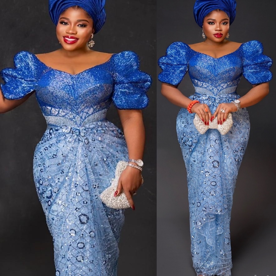 2026 Aso Ebi Nigerian Sky Blue Sheath Prom Dresses Beaded Sequined Evening Formal Party Second Birthday Engagement Reception Gowns Dress For Special O