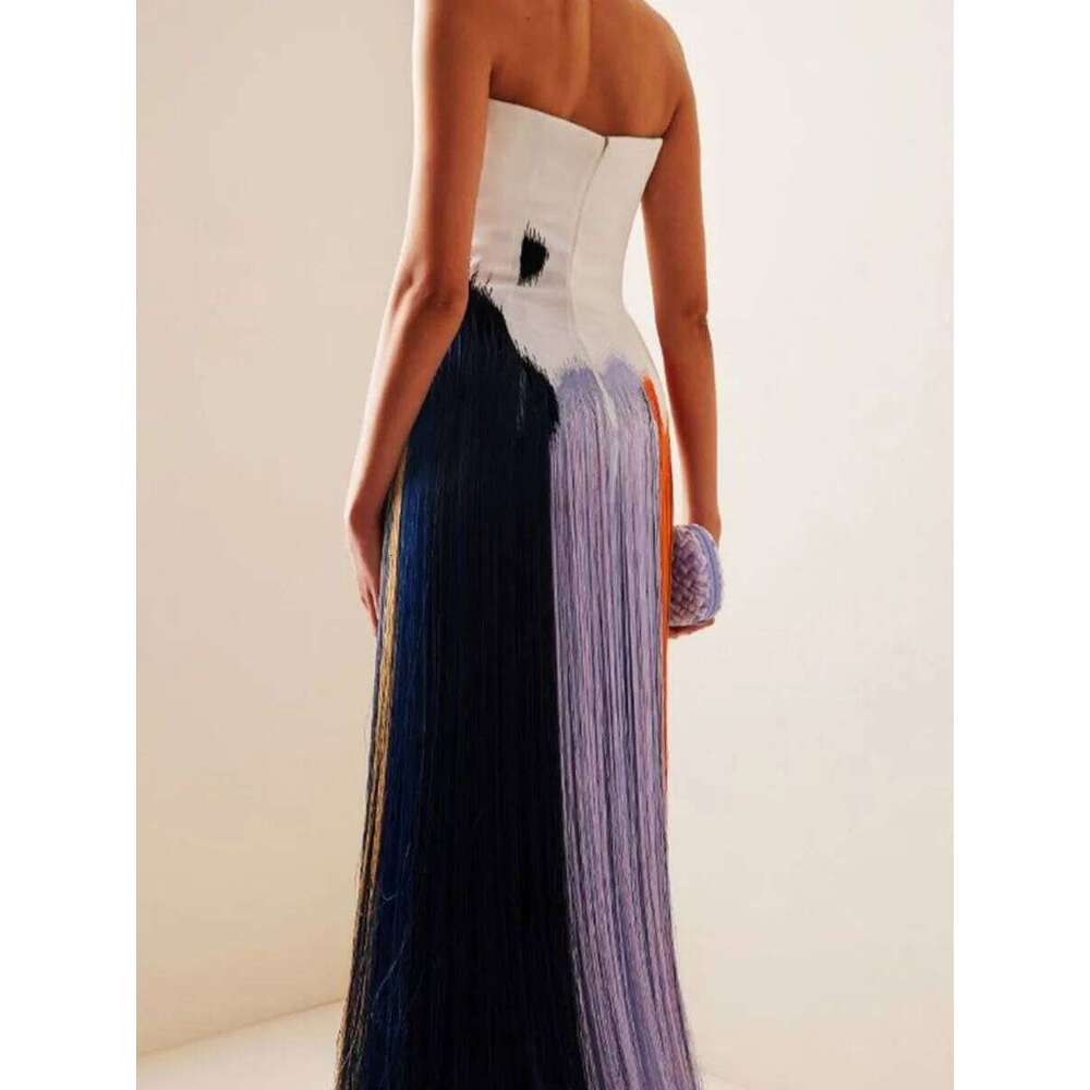 Tassel Print Tube Top Party Long Temperament Lady Sleeveless Backless Straight Leisure High Waist Summer Split Dress Luxury