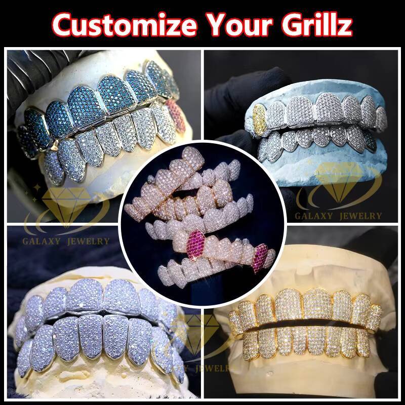 Hip Hop Jewelry Grills Teeth Grillz 925 Sterling Silver Rose Gold Iced Out Custom Bust Down Moissanite Grillz for Teeth