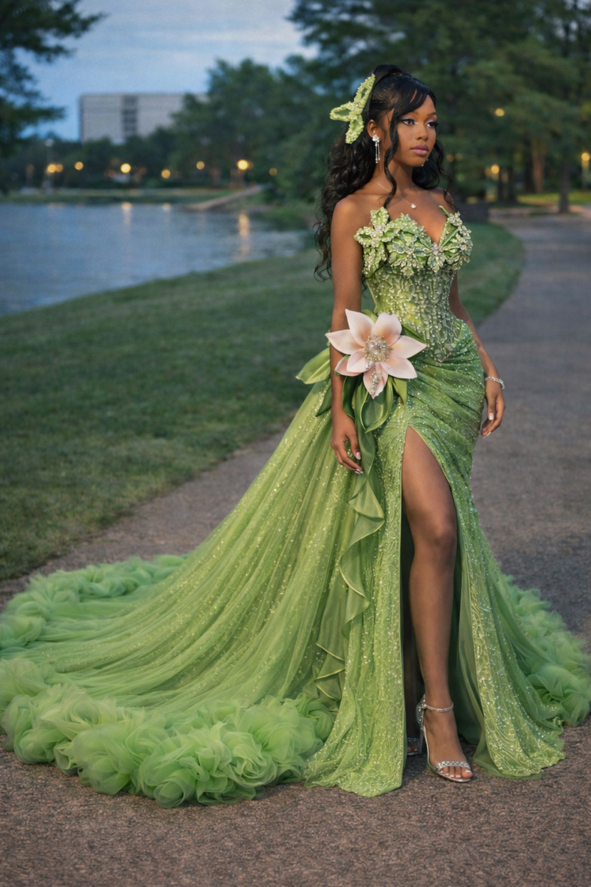 The Princess and the Frog Green Prom Evening Dresses For African Princess Sparkly Crystal Flower Sexy Split Black Girl Birthday Formal Gowns Reception