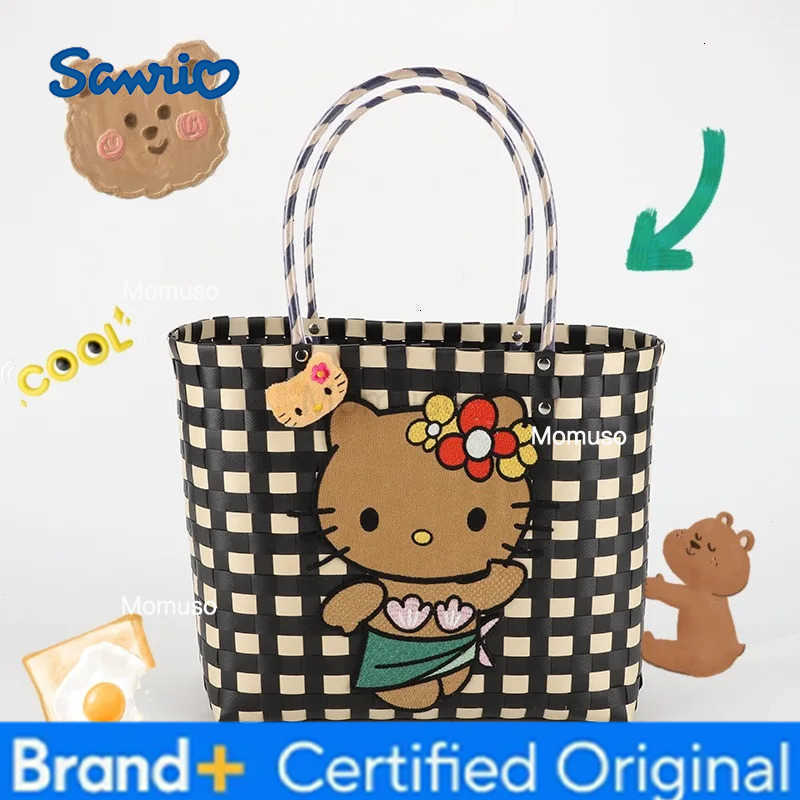Sanrio New Hello Kitty Handheld Woven Bag Fashion High Quality Girls Beach Bag Cartoon Large Capacity Multifunctional Womens Handbag H251230