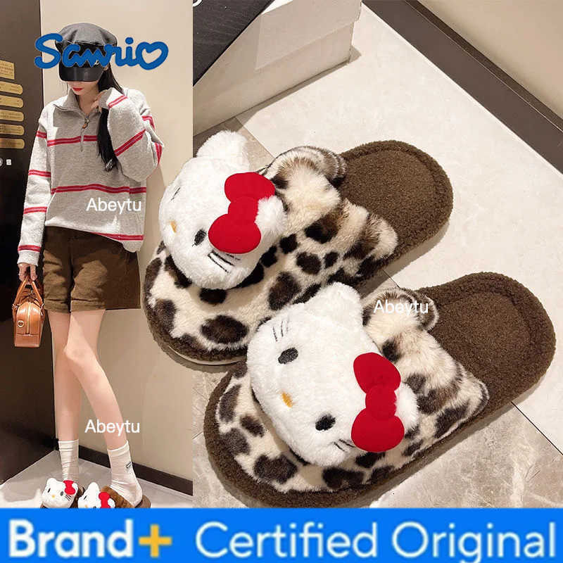 Sanrio Sweet Cool Leopard Print Hello Kitty Comfortable Cotton Slippers 2025 Autumn Winter Outdoor Soft Sole Warm Plush Fluffy Women H251230