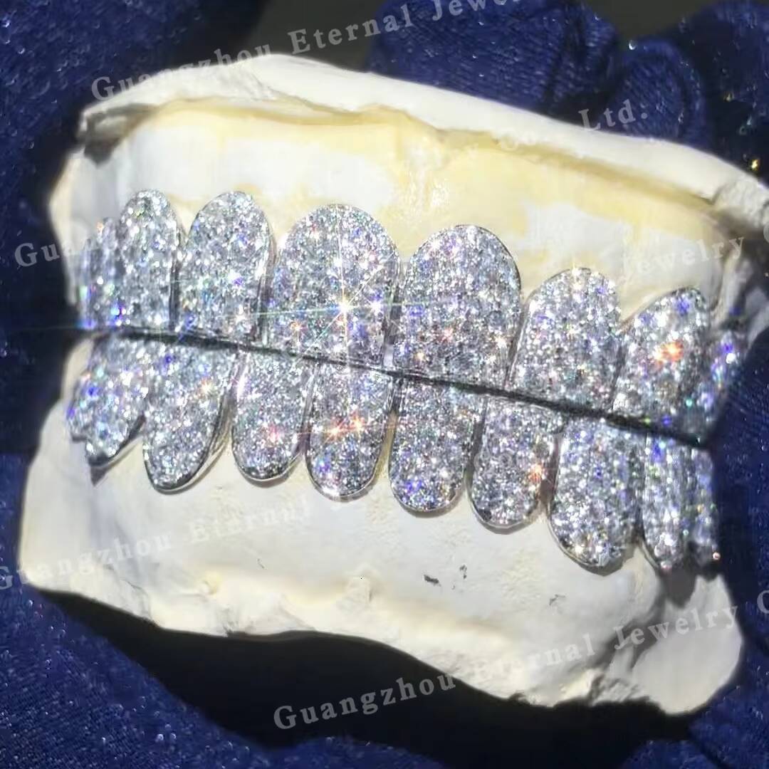 Custom Top Bottom 6 8 10 S925 Silver Honeycomb Setting Moissanite Lab Diamond Perm Cut Straight Line Solid Gold Teeth Grillz