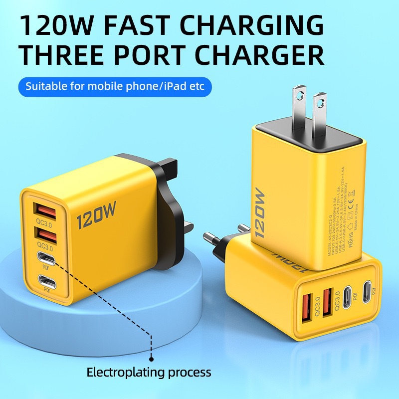Universal 120W QC3.0 PD Type C fast charger 4 ports 2 USB 2 type c port with EU US UK power plug