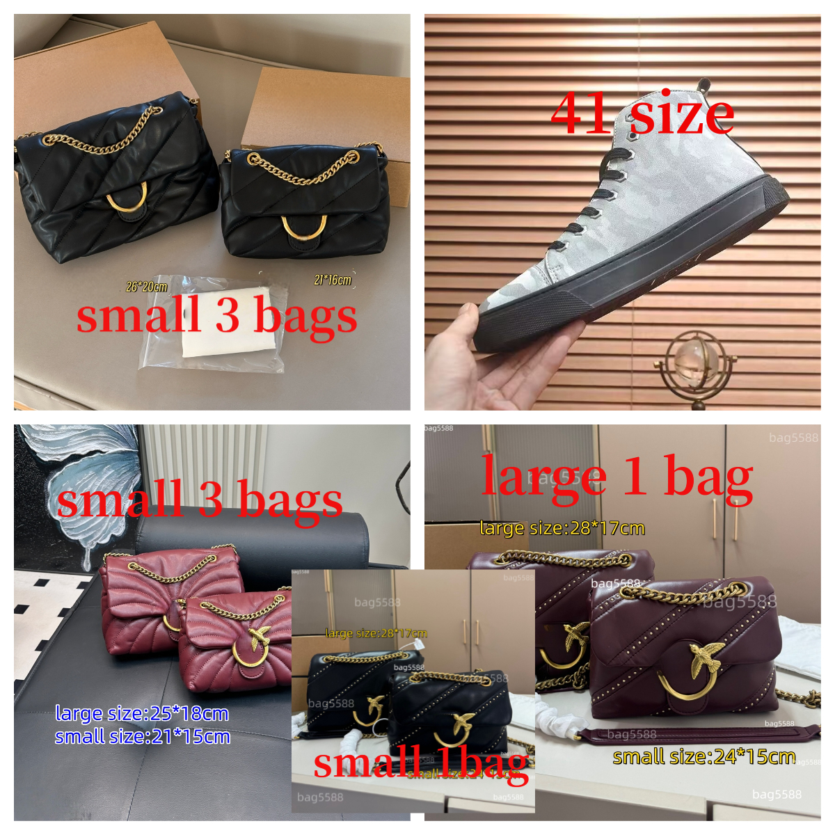 eight bags and a pair of size 41 shoes 5Customer chooses payment specific link12345665 Order the styles selected by the customer
