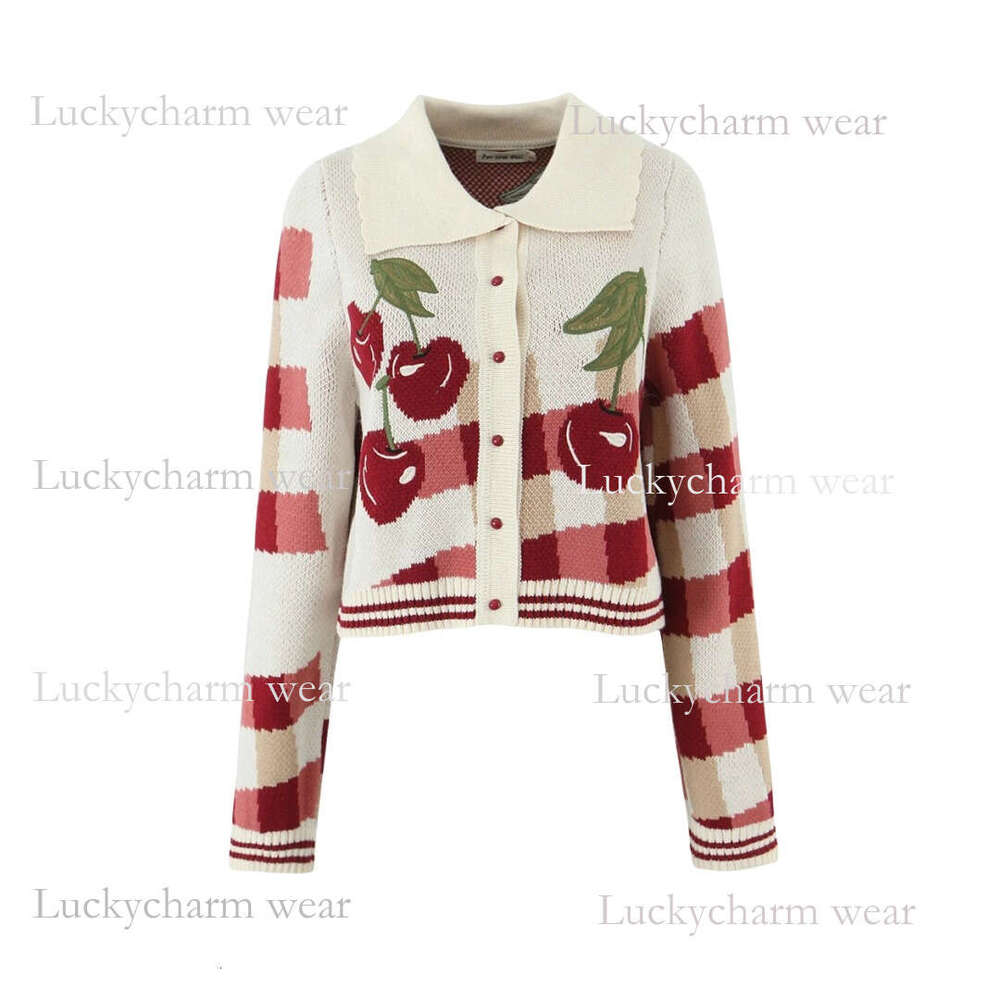 Autumn New Turn-Down Collar Knitted For Women Single-Breasted Cherry Embroidery Jacquard Short Long-Sleeve Cardigan Sweater