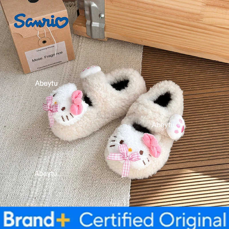 Sanrio Kids Slippers House Shoes Cotton Covered-heel Winter Shoes For Girls Anti-slip Soft Bottom Velcro Beige Gray Shoes Size 22-35 H251230