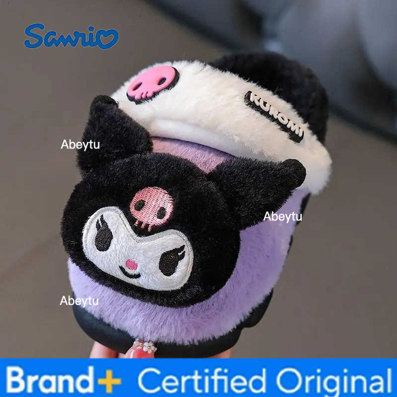 Sanrio Childrens Slippers Kuromi Childrens Cotton Shoes Girls Cute Princess Home Indoor Non-Slip Warm Parent-Child Furry Shoes H251230