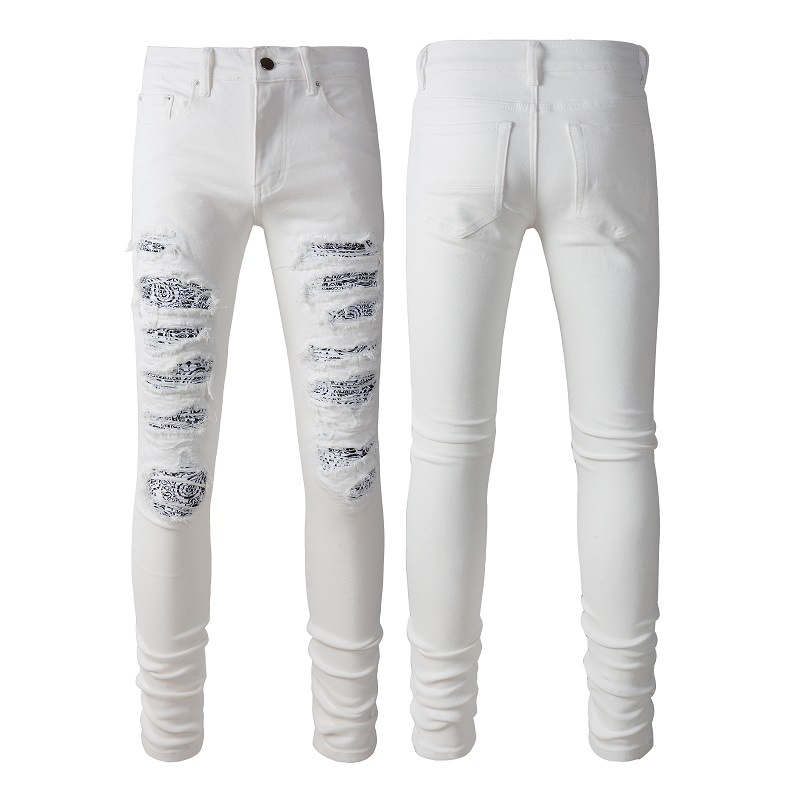 WOZK Versatile Trendy Brand Fashionable and Casual High Street White Jeans for Men, Slim Fit, Elastic Punch White Pants designer