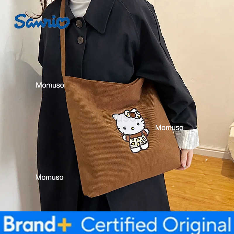 Sanrio Cartoon Hello Kitty Corduroy Handbag Brown Large Capacity All Match Shoulder Bag Fashion Leopard Print Crossbody Bag Gift H251230
