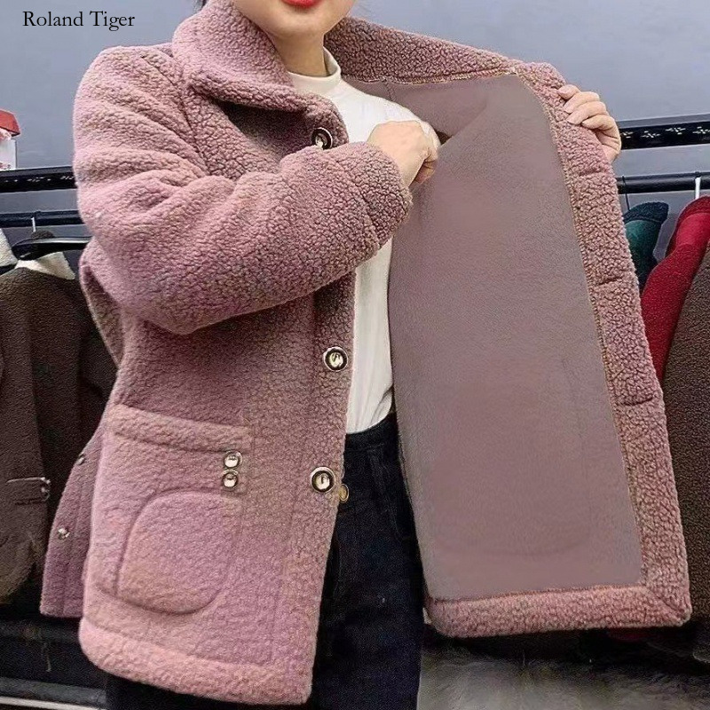 Roland Tiger Brand 2024 Winter Retro Velvet Cardigan Women's Long Sleeve Button Collar Sweatshirt Franchise