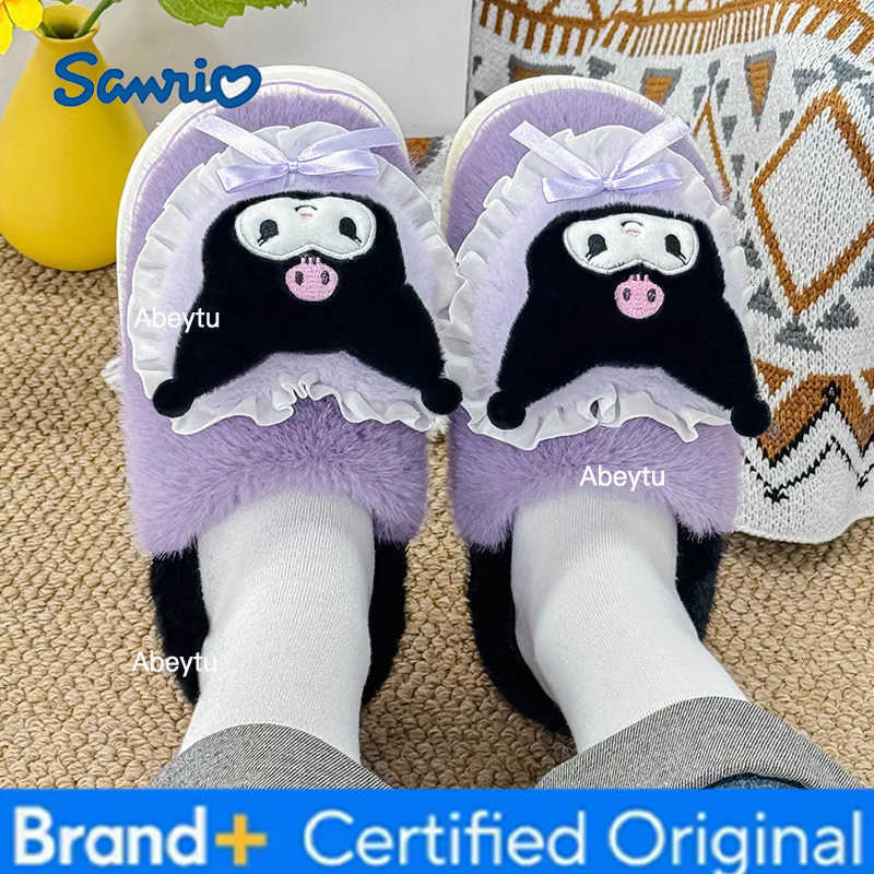 Sanrio Cute Kuromi Cotton Slippers Cartoon Hello Kiity Female Winter Plus Velvet Warm Home Shoes Anti-Slip Comfortable Slippers H251230