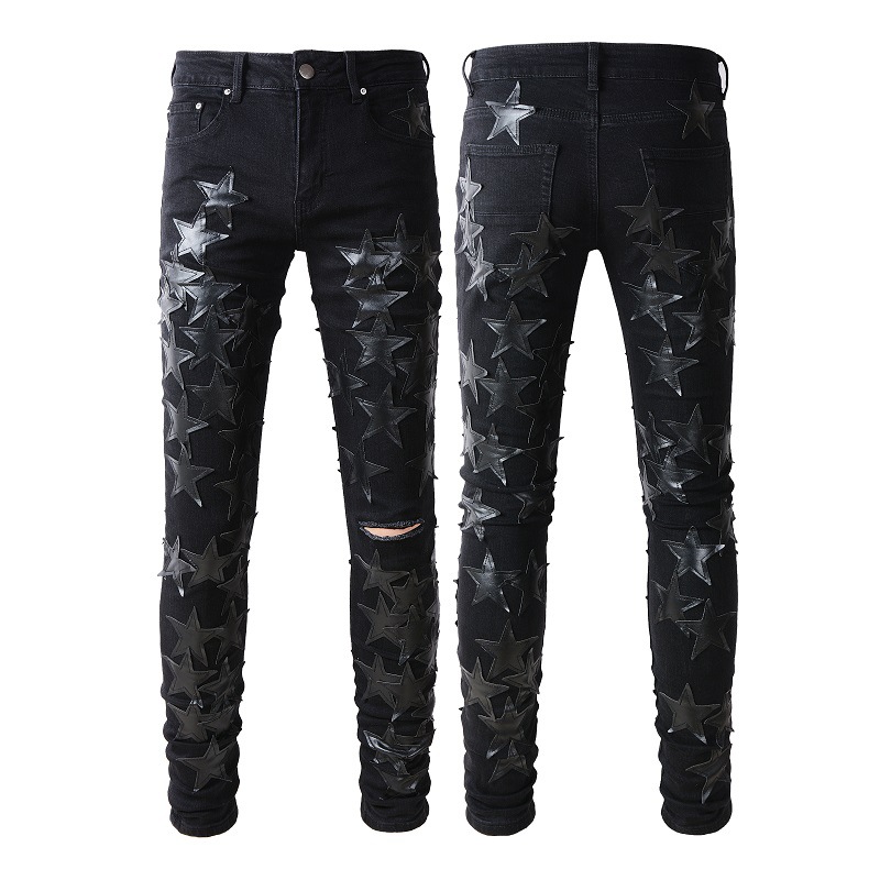 WOZK fashionable casual slim fit handsome jeans men's PU five pointed star patch splicing trend high street broken hole star designer
