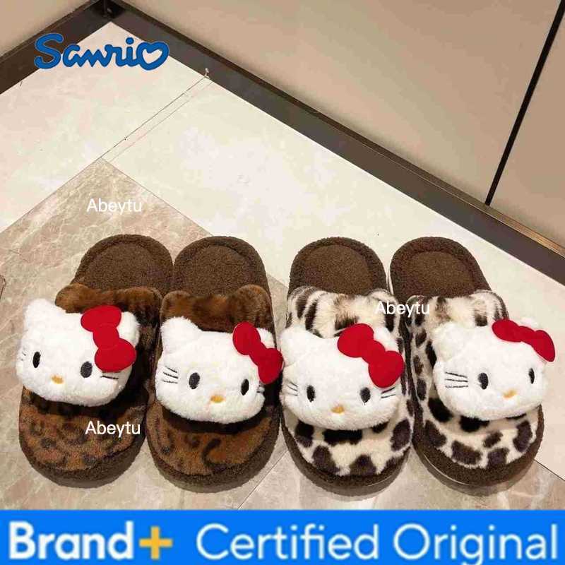 Sanrio Sweet Cool Leopard Print Hello Kitty Comfortable Cotton Slippers 2025 Autumn Winter Outdoor Soft Sole Warm Plush Fluffy Women H251230