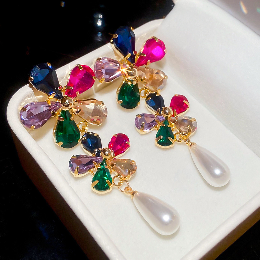 Real Gold Plated Diamond-Studded Flower Pearl Stud Dopamine Light Luxury High-End Earrings European and American Cross-Border Exaggerated Ear Jewelry - view 5