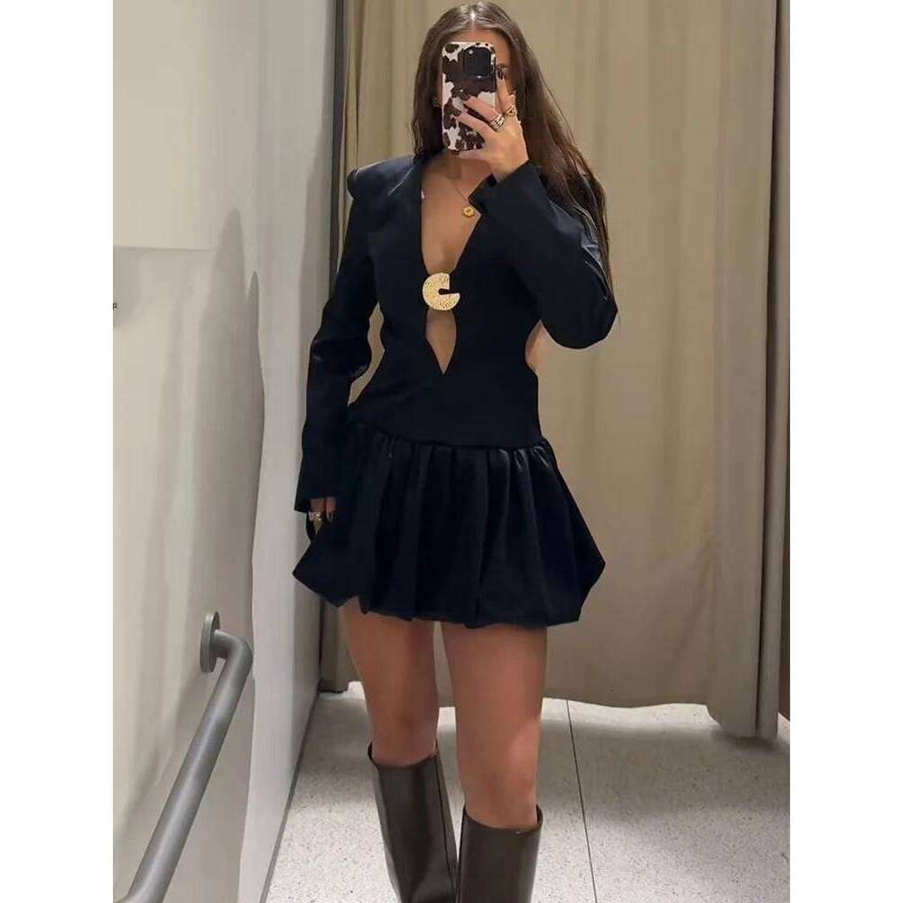TFMLN Women Cut Out Ball Gown Dress Sexy Deep V Neck Long Sleeve Casual Party Mini Dresses Fashion Backless Clothing Luxury