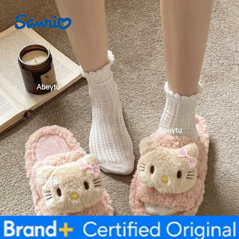 Sanrio New Hello Kittys Cartoon Plush Cotton Slippers Flat Bottomed Non-slip Autumn and Winter Fluffy House Shoes Girls Gift H251230