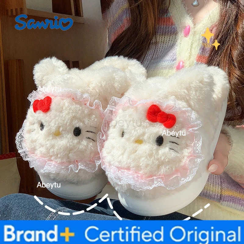 Sanrio Kids Slippers House Shoes Cartoon Cat Cotton Winter Shoes For Girls Anti-slip Soft Bottom Warm Green Pink Shoes Size 36-41 H251230
