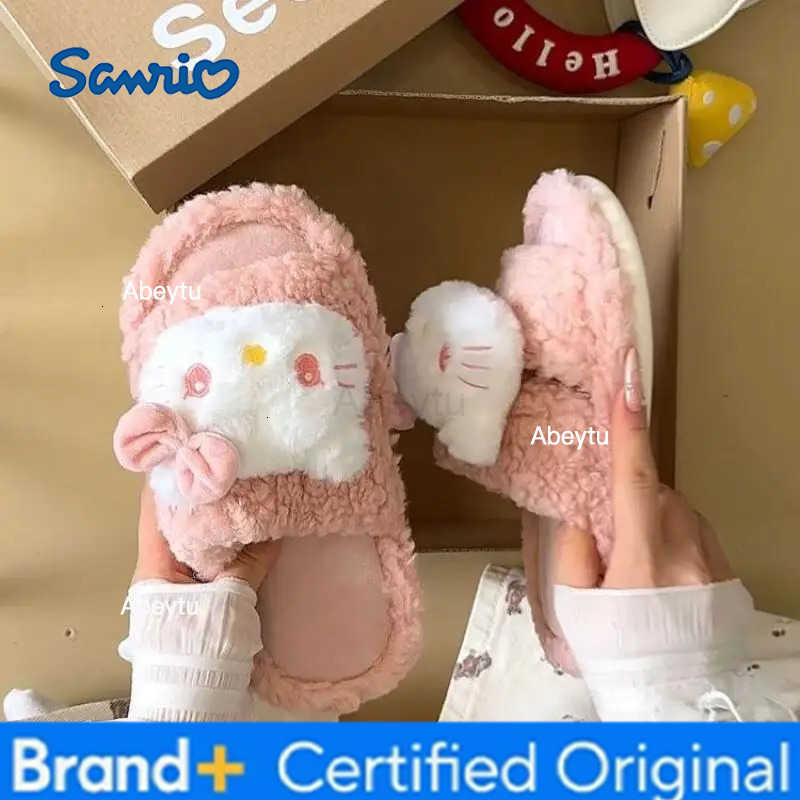 Sanrio Cute Cartoon Kawaii Hello Kitty Thick Soled Hairy Slippers for Womens Outdoor Wear Autumn New Versatile Cotton Slippers H251230