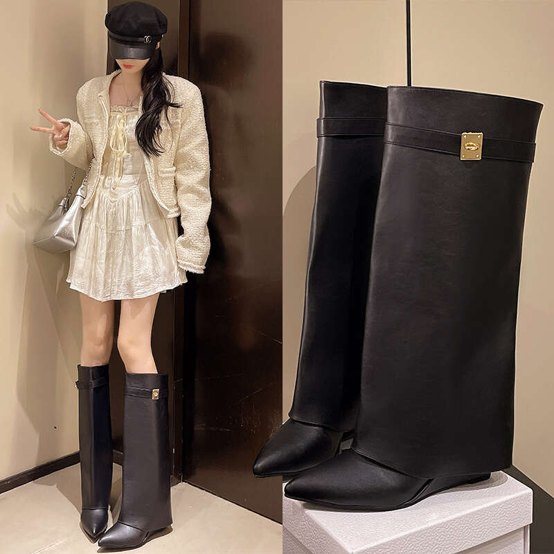 2025 Autumn Winter New Pointed Toe Large Tube Lock Shark Buckle Straight Mid-Calf Thick Heel Trouser Boots for Women