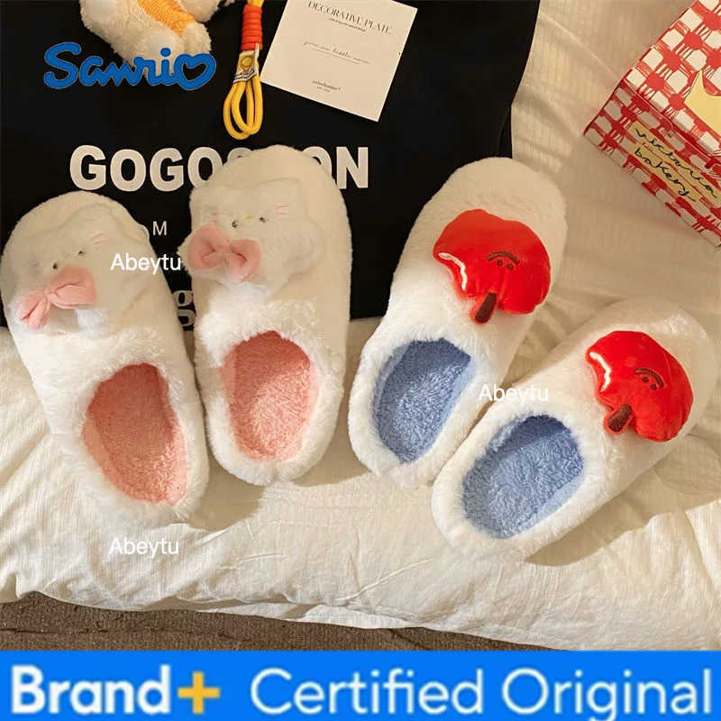Sanrio Original Cartoon Apple Cat Plush Slippers Winter Warm Indoor Home Anti-Freeze Fuzzy House Shoes H251230