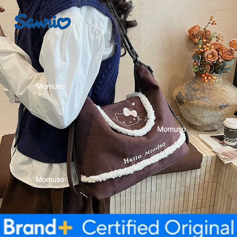 Sanrio HelloKitty Bag for Women Autumn and Winter New Vintage Lamb Wool Cat Large Capacity Shoulder Bag Suede Multi-use Bag for Girls H251230