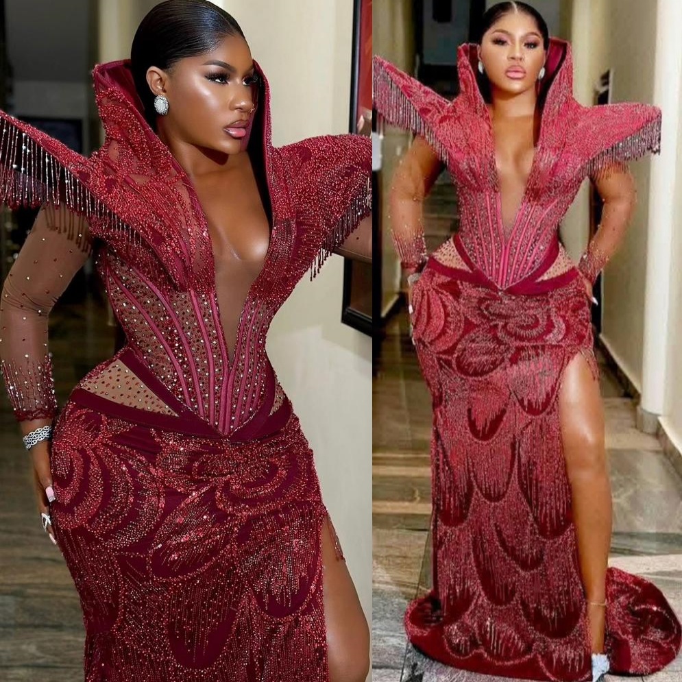 2026 Nigerian Aso Ebi Mermaid Burgundy Prom Dresses Beaded Crystals Evening Formal Party Second Birthday Engagement Reception Gowns Dress For Special 