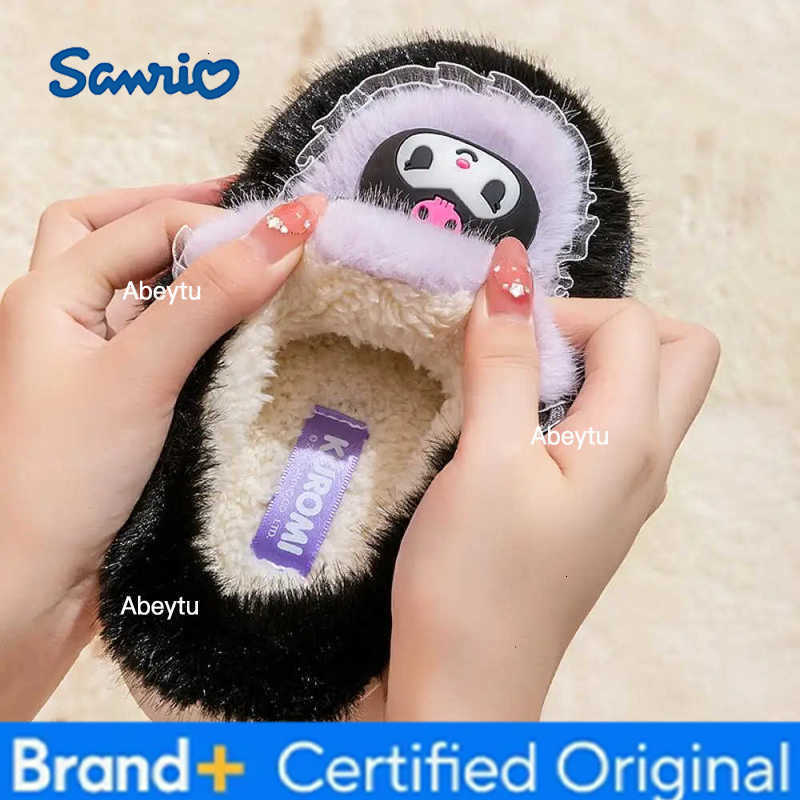 Sanrio Cartoon Female Warm Kuromi Cinnamoroll Women Plush Slippers Anime Hello Kitty Winter Thicken Home Slippers Kids Festival Gift H251230