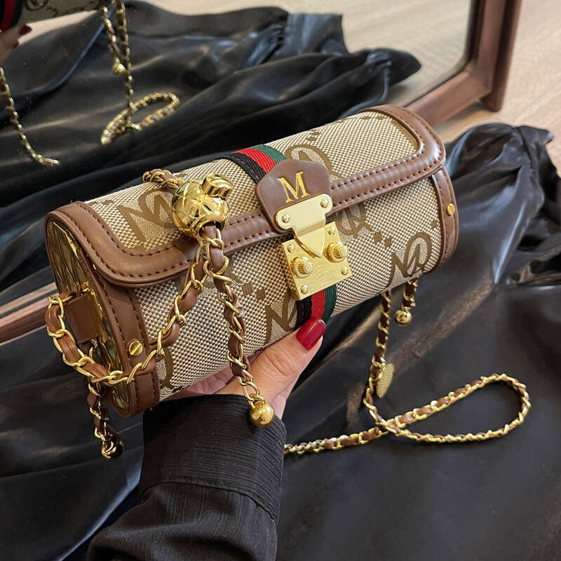 Foreign Trade Cross-Border Jacquard Canvas with Leather Embroidered Letters Color-Block Pen Holder Underarm Baguette Small Women's European and A