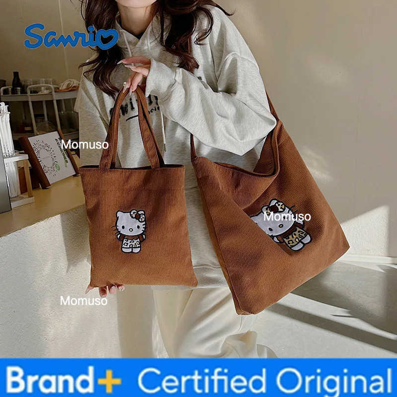 Sanrio Cartoon Hello Kitty Corduroy Handbag Brown Large Capacity All Match Shoulder Bag Fashion Leopard Print Crossbody Bag Gift H251230
