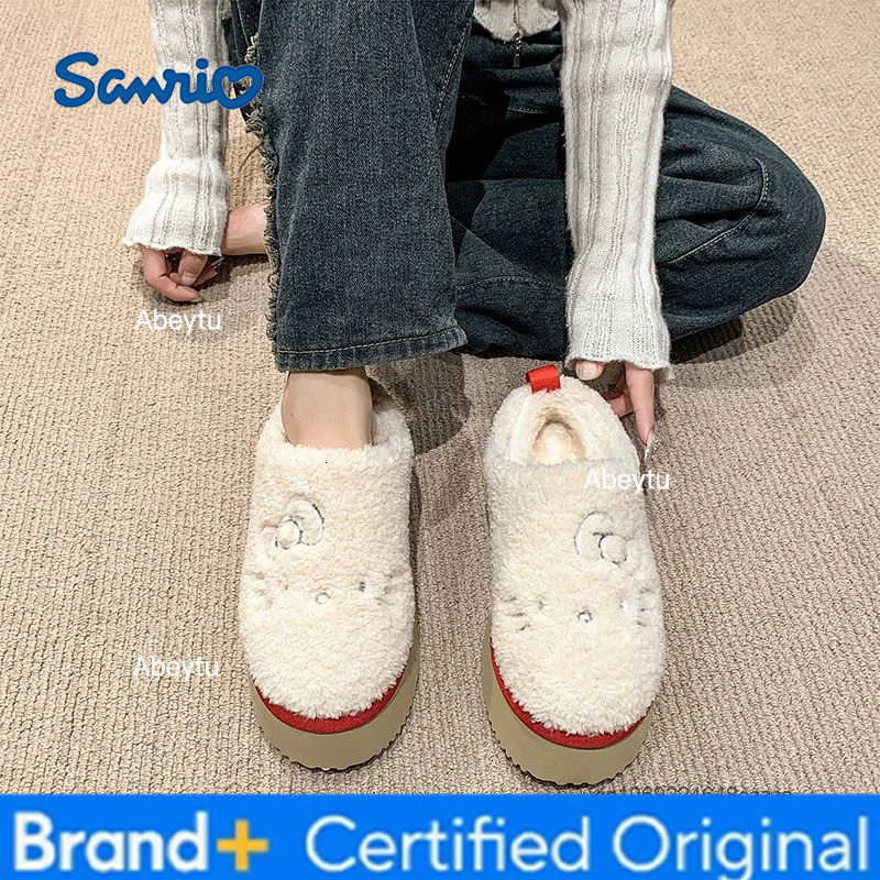 Sanrio Hello Kitty Sweet Plush Slippers Winter New Fashion Thick Sole Home Cotton Shoes Korean Version Trend Versatile Slippers H251230