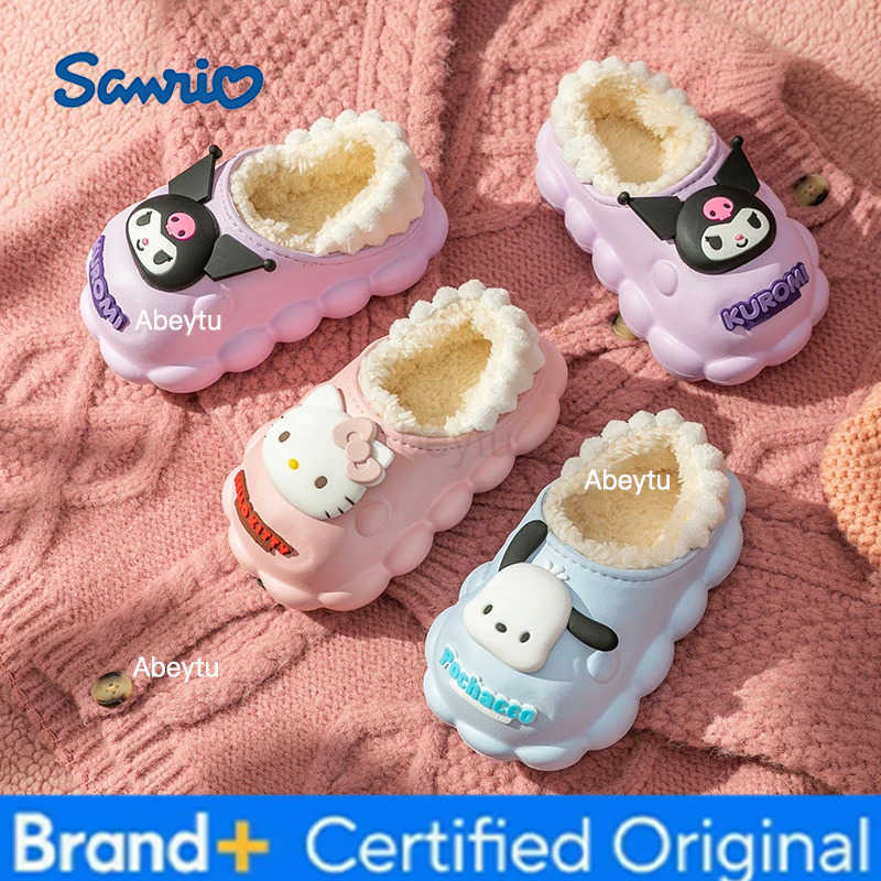 Sanrio HelloKitty Plush Cover Heel Warm Cotton Slippers Cartoon Cinnamoroll winter Kids Indoor Home Slippers Girl Gift H251230