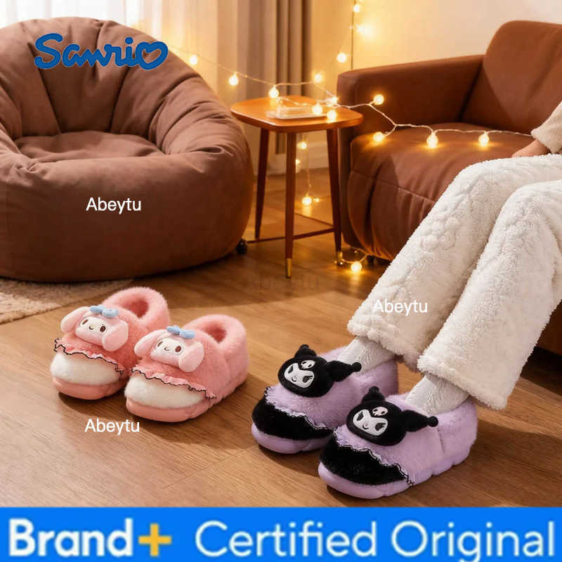 Sanrio Kids Slippers House Shoes Cartoon Kuromi With Heel Cover Winter Shoes For Girls Warm Anti-slip Pink Pruple Shoes Size 35-41 H2512301