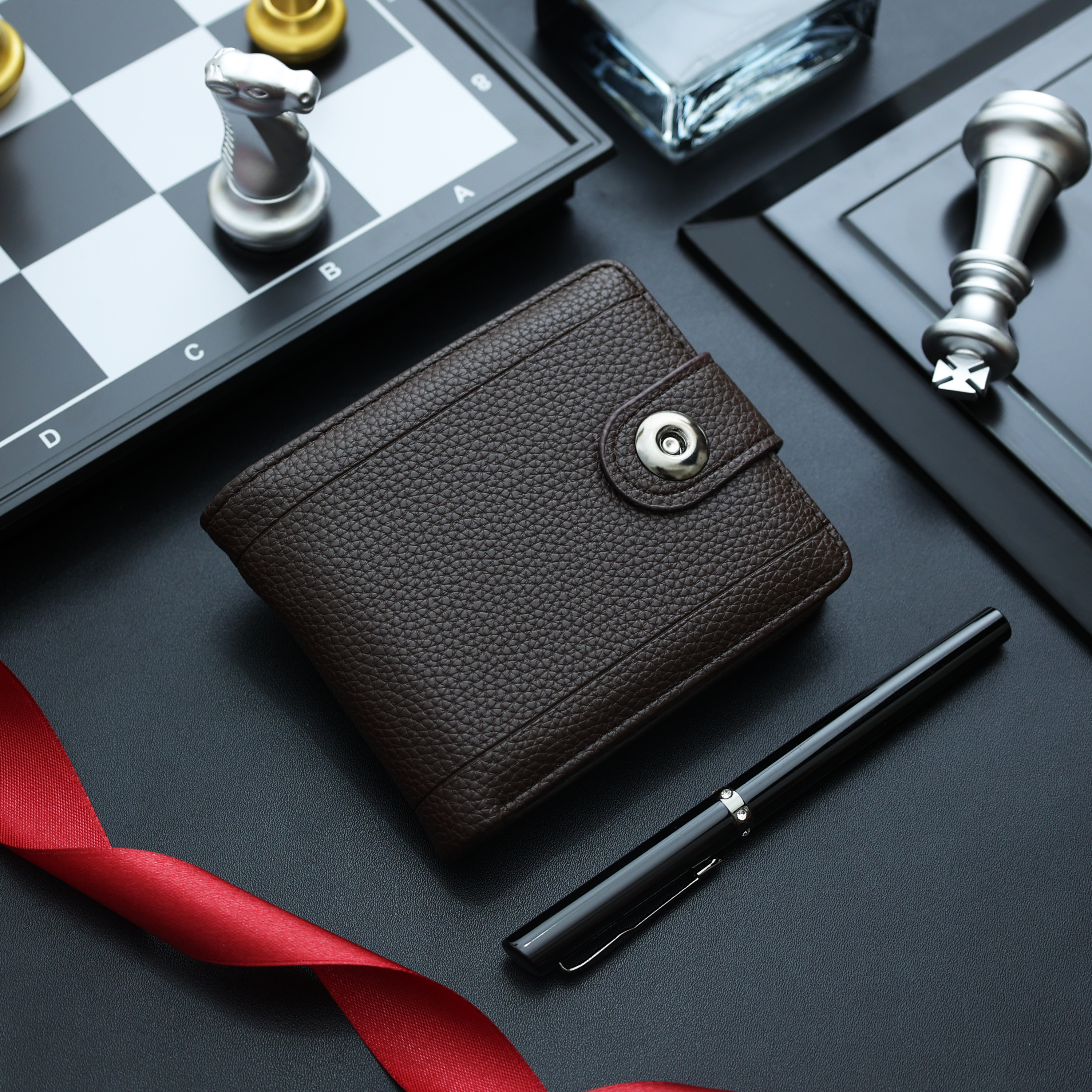 Wallets Men's Short Bifold Wallet with Metal Snap - Black/Brown Pebbled Faux Leather Card Holder (with Leather Tab) 208-19