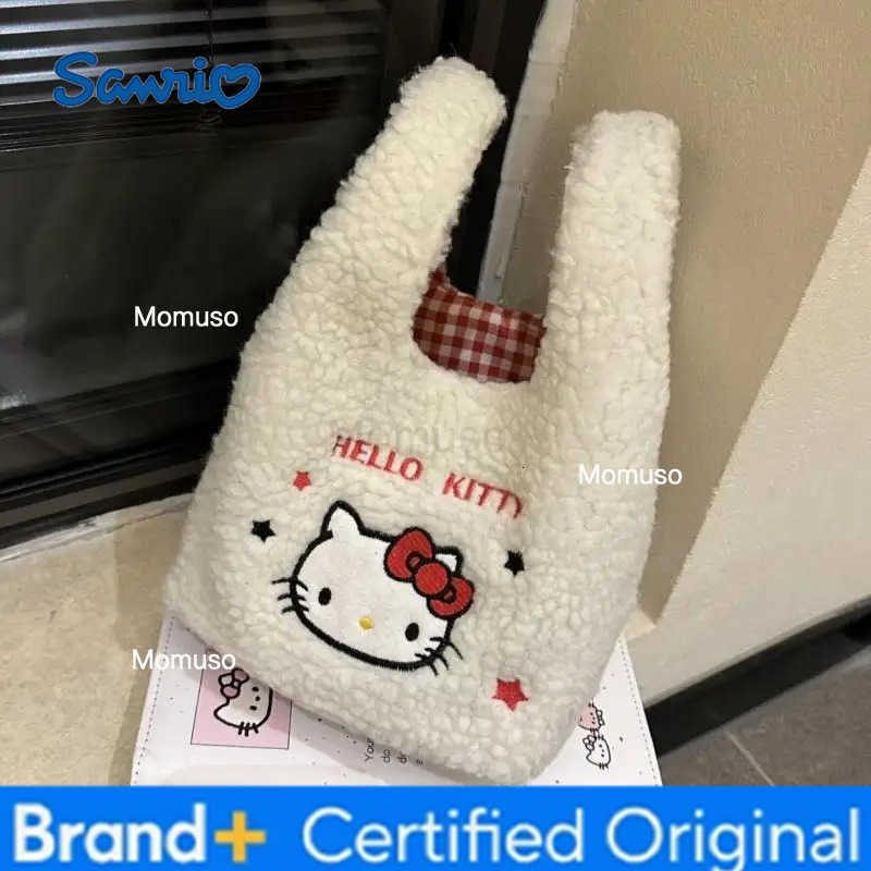 Sanrio Cartoon Cute Hello Kitty Plush Handbag Small Basket Fashion Autumn Winter Commuting Handheld Casual Tote Bag H251230